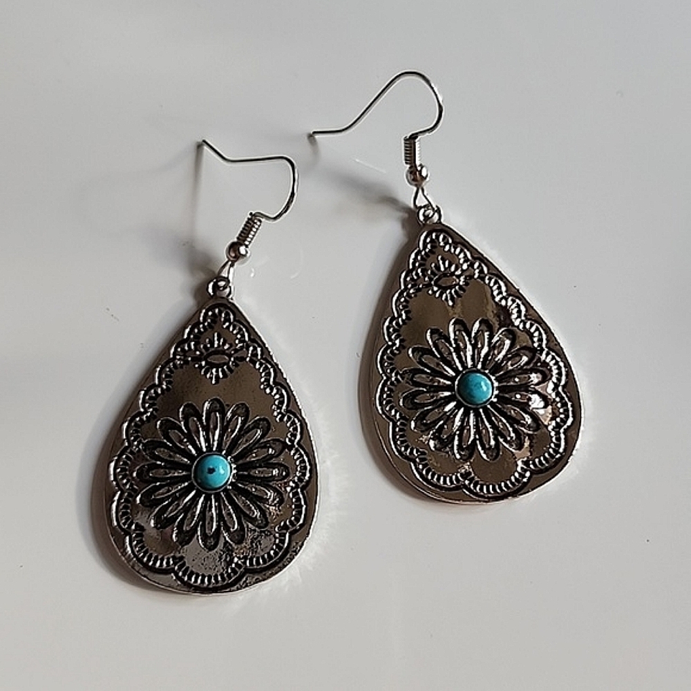 SouthWestern Teardrop DANGLE Simulated Turquoise Earrings EP